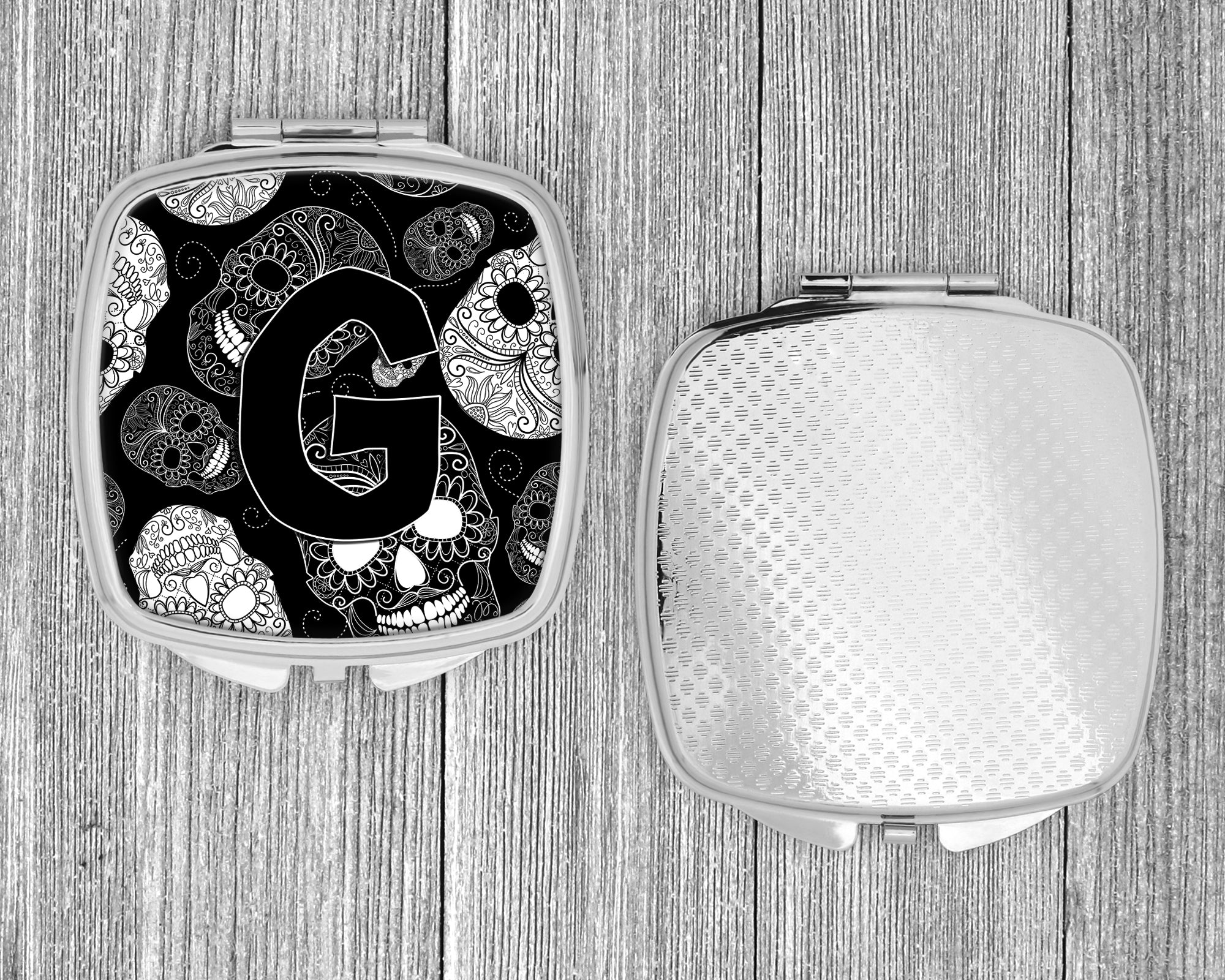 Letter G Day of the Dead Skulls Black Compact Mirror Decorative Travel Makeup Mirror for Women Girls Gifts Pocket Makeup Mirror Folding Handheld