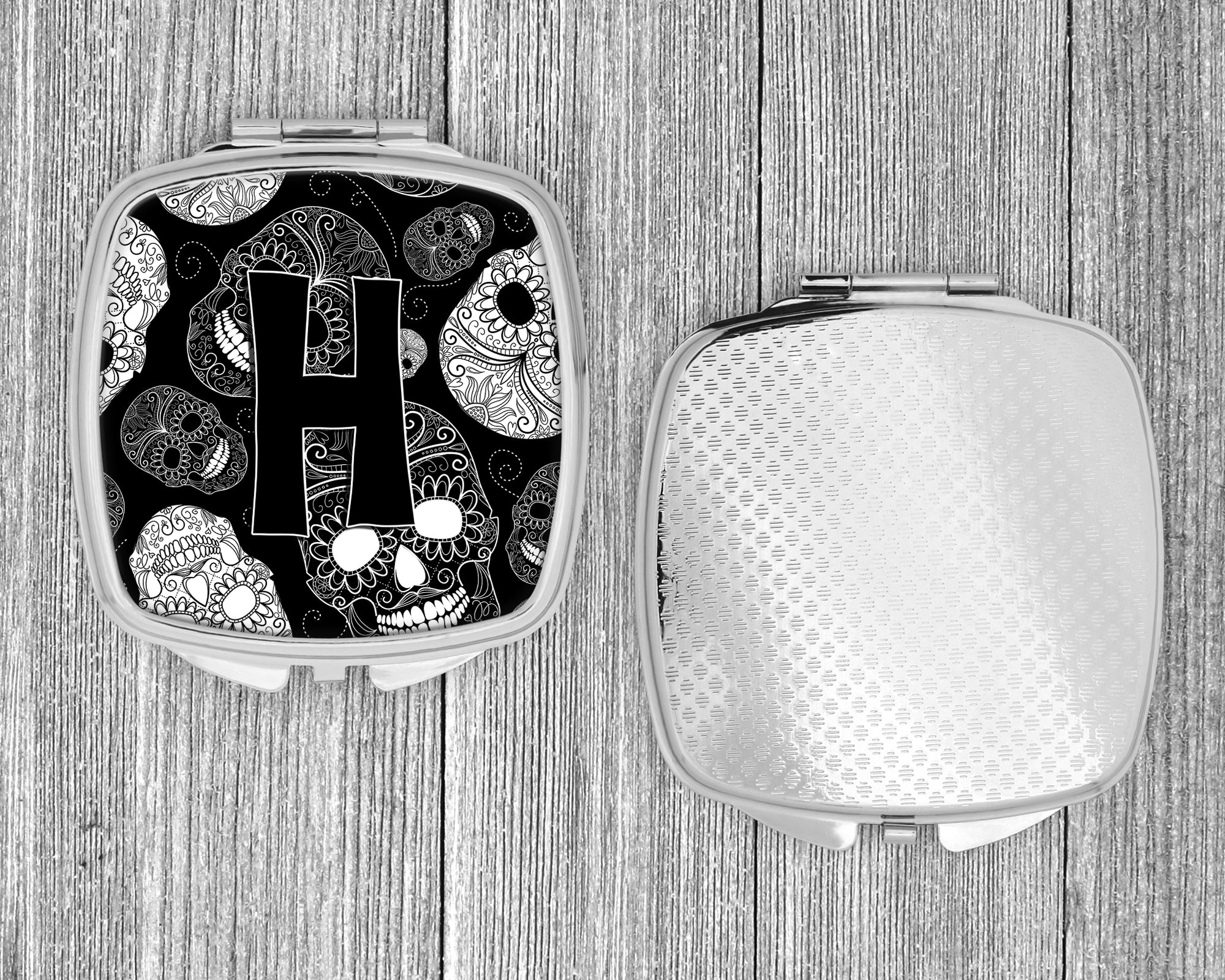 Letter H Day of the Dead Skulls Black Compact Mirror Decorative Travel Makeup Mirror for Women Girls Gifts Pocket Makeup Mirror Folding Handheld