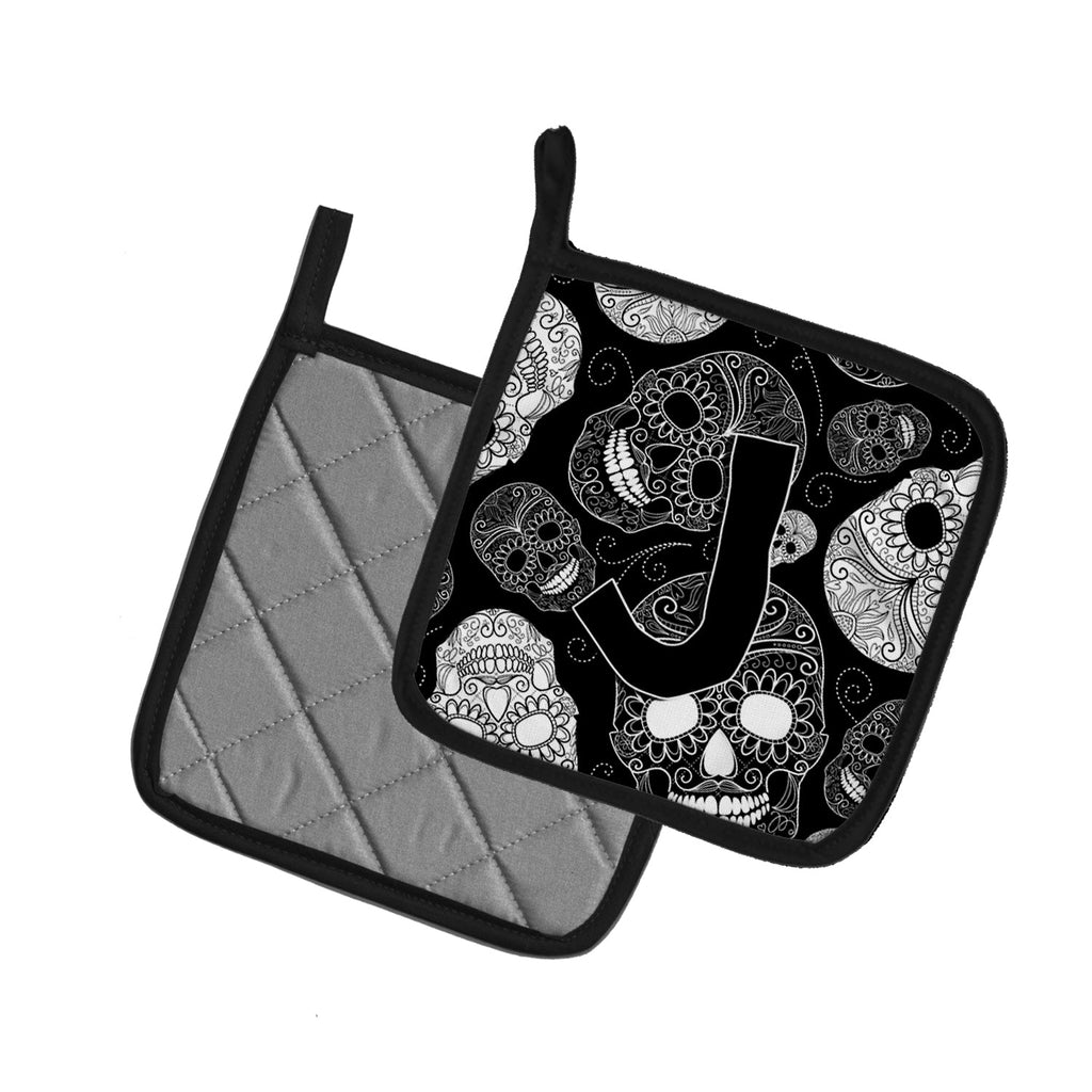 Letter J Day of the Dead Skulls Black Pot Holder Set of 2 Heat Resistant Quilted Hot Pads 7.5 x 7.5 Inch, Insulated Kitchen Trivets for Cooking & Baking