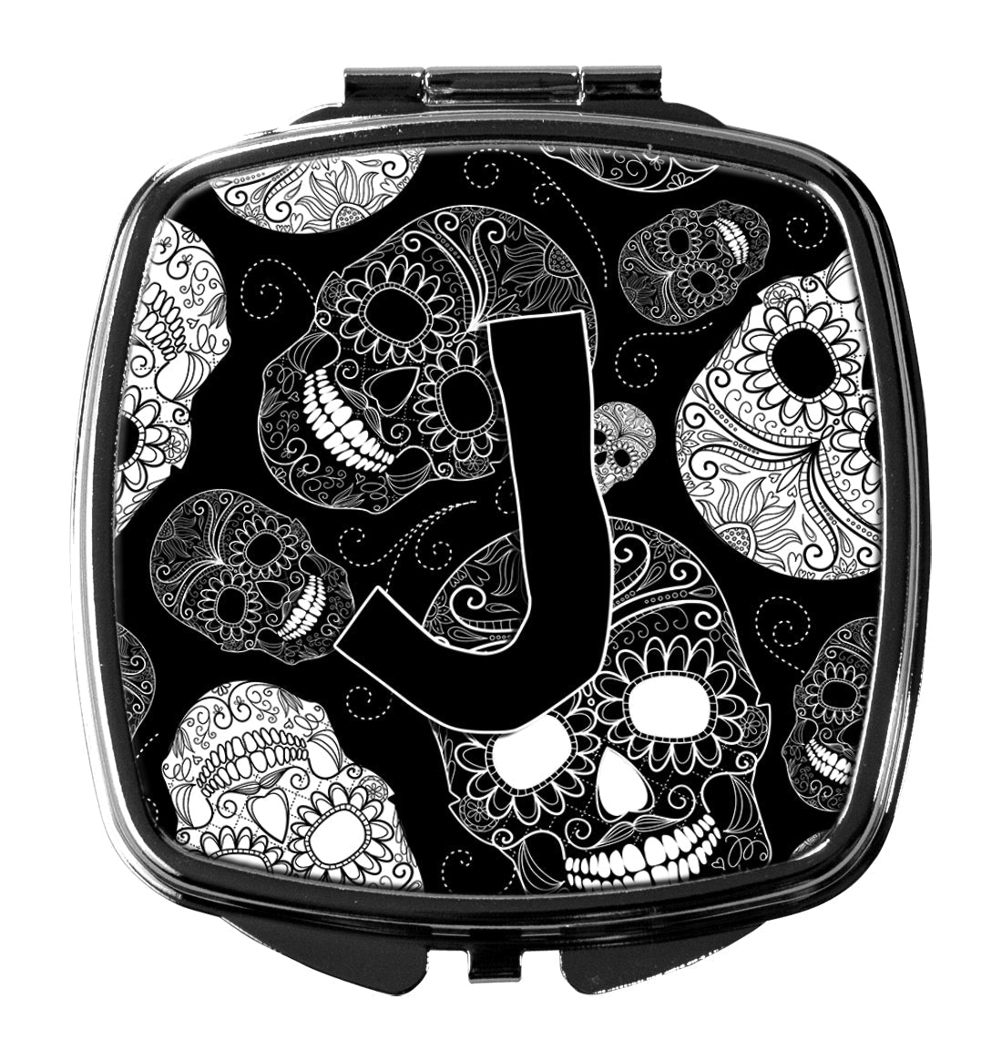 Letter J Day of the Dead Skulls Black Compact Mirror Decorative Travel Makeup Mirror for Women Girls Gifts Pocket Makeup Mirror Folding Handheld