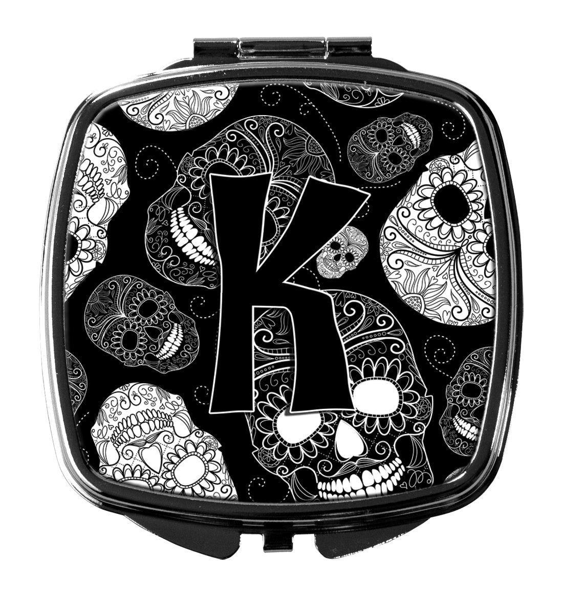 Letter K Day of the Dead Skulls Black Compact Mirror Decorative Travel Makeup Mirror for Women Girls Gifts Pocket Makeup Mirror Folding Handheld