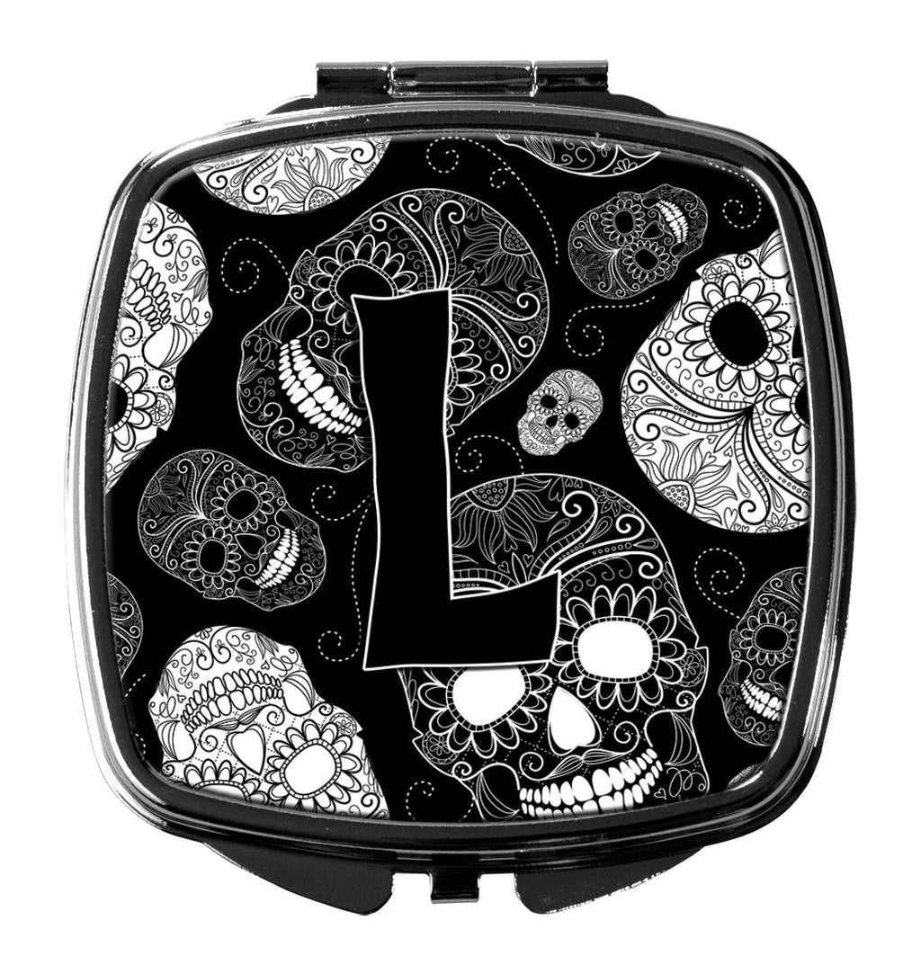 Letter L Day of the Dead Skulls Black Compact Mirror Decorative Travel Makeup Mirror for Women Girls Gifts Pocket Makeup Mirror Folding Handheld