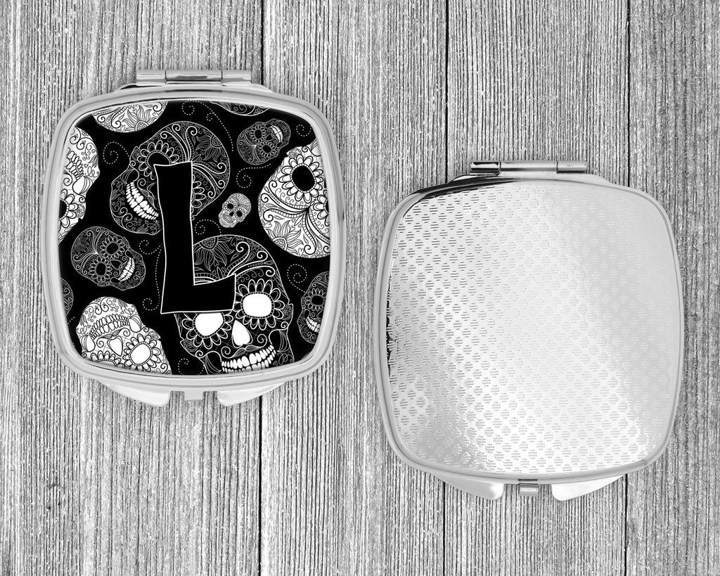 Letter L Day of the Dead Skulls Black Compact Mirror Decorative Travel Makeup Mirror for Women Girls Gifts Pocket Makeup Mirror Folding Handheld