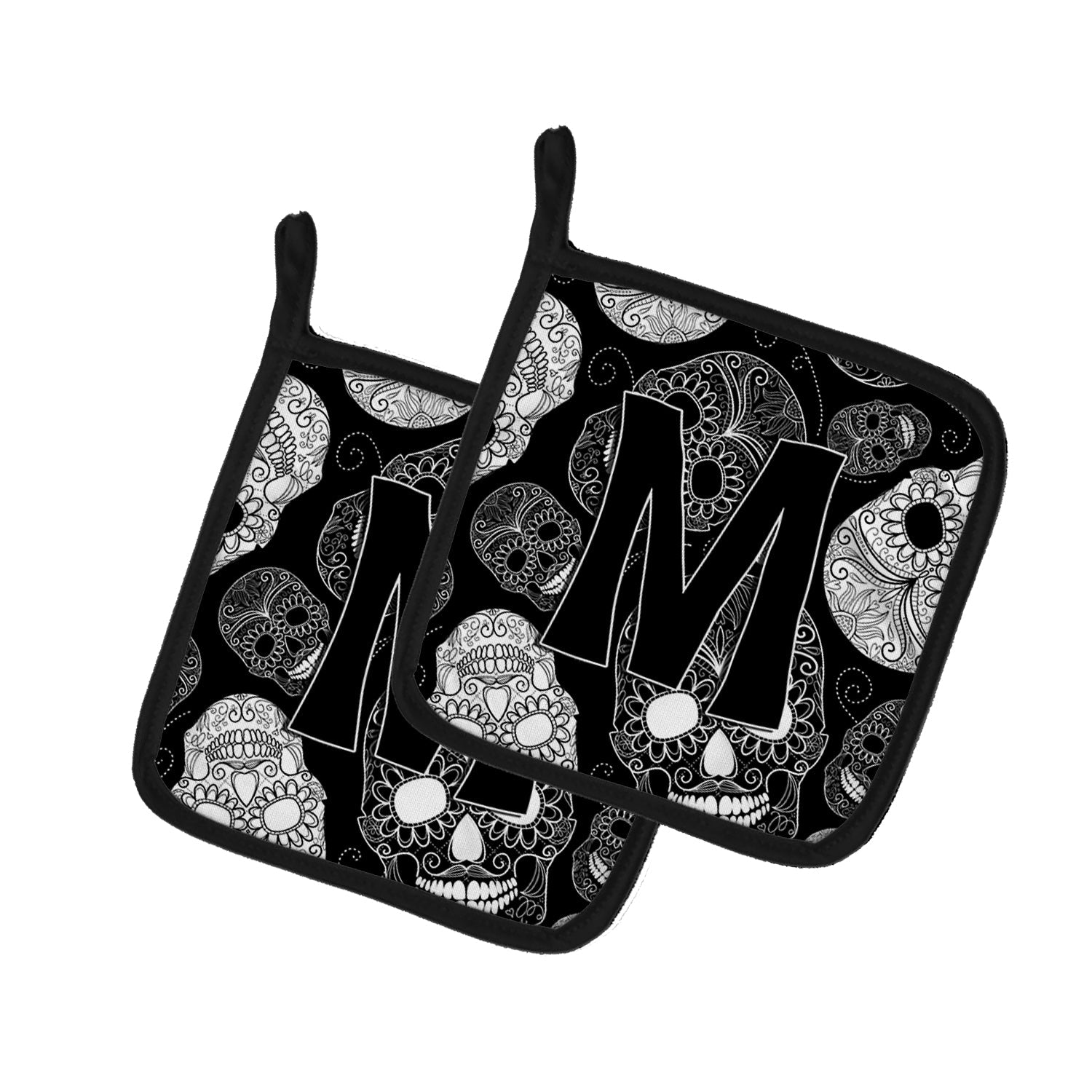 Letter M Day of the Dead Skulls Black Pot Holder Set of 2 Heat Resistant Quilted Hot Pads 7.5 x 7.5 Inch, Insulated Kitchen Trivets for Cooking & Baking