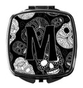 Letter M Day of the Dead Skulls Black Compact Mirror Decorative Travel Makeup Mirror for Women Girls Gifts Pocket Makeup Mirror Folding Handheld
