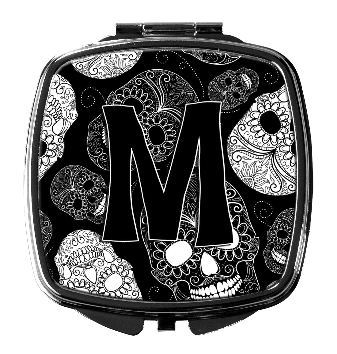 Letter M Day of the Dead Skulls Black Compact Mirror Decorative Travel Makeup Mirror for Women Girls Gifts Pocket Makeup Mirror Folding Handheld