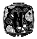 Letter N Day of the Dead Skulls Black Compact Mirror Decorative Travel Makeup Mirror for Women Girls Gifts Pocket Makeup Mirror Folding Handheld