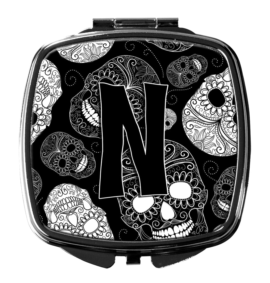 Letter N Day of the Dead Skulls Black Compact Mirror Decorative Travel Makeup Mirror for Women Girls Gifts Pocket Makeup Mirror Folding Handheld