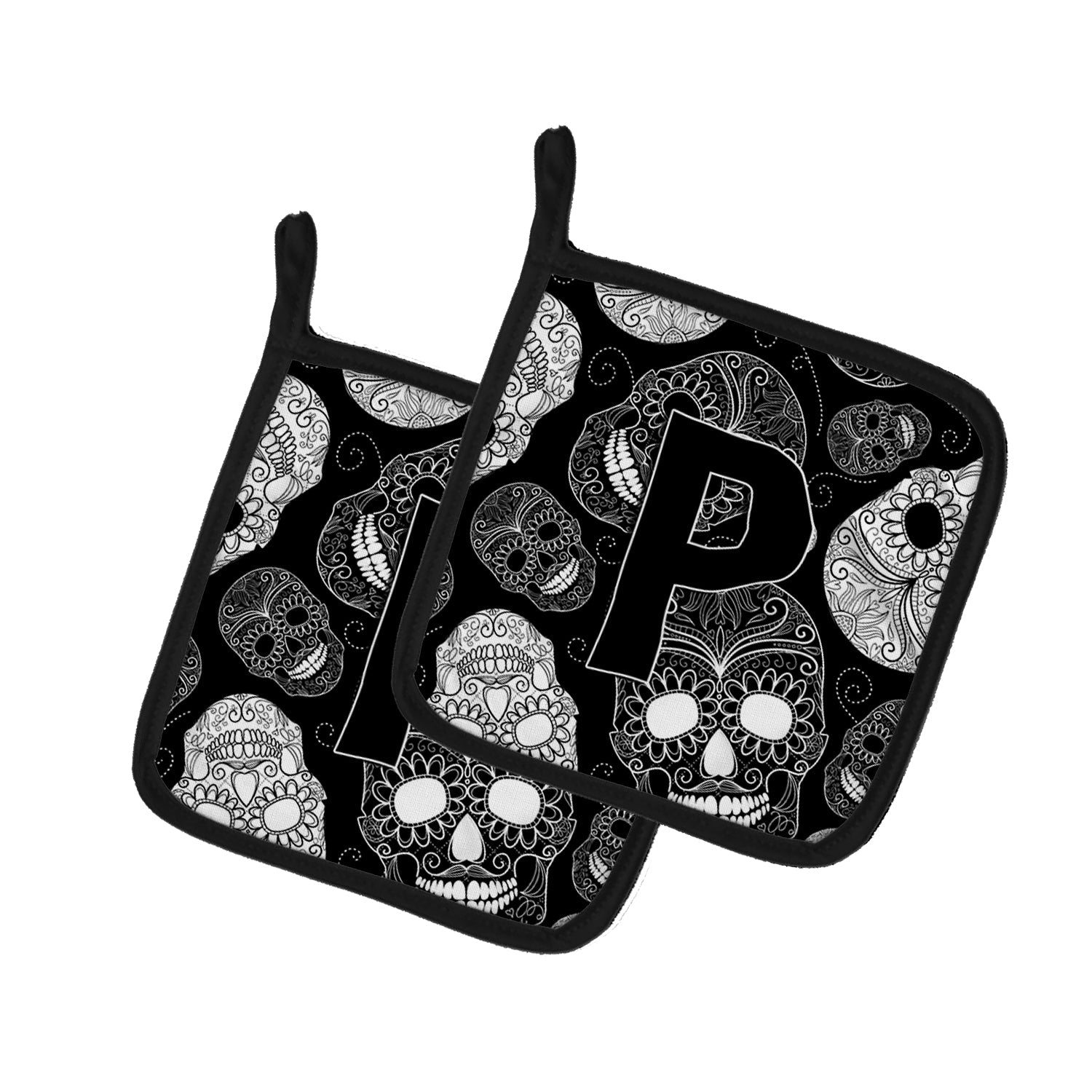 Letter P Day of the Dead Skulls Black Pot Holder Set of 2 Heat Resistant Quilted Hot Pads 7.5 x 7.5 Inch, Insulated Kitchen Trivets for Cooking & Baking