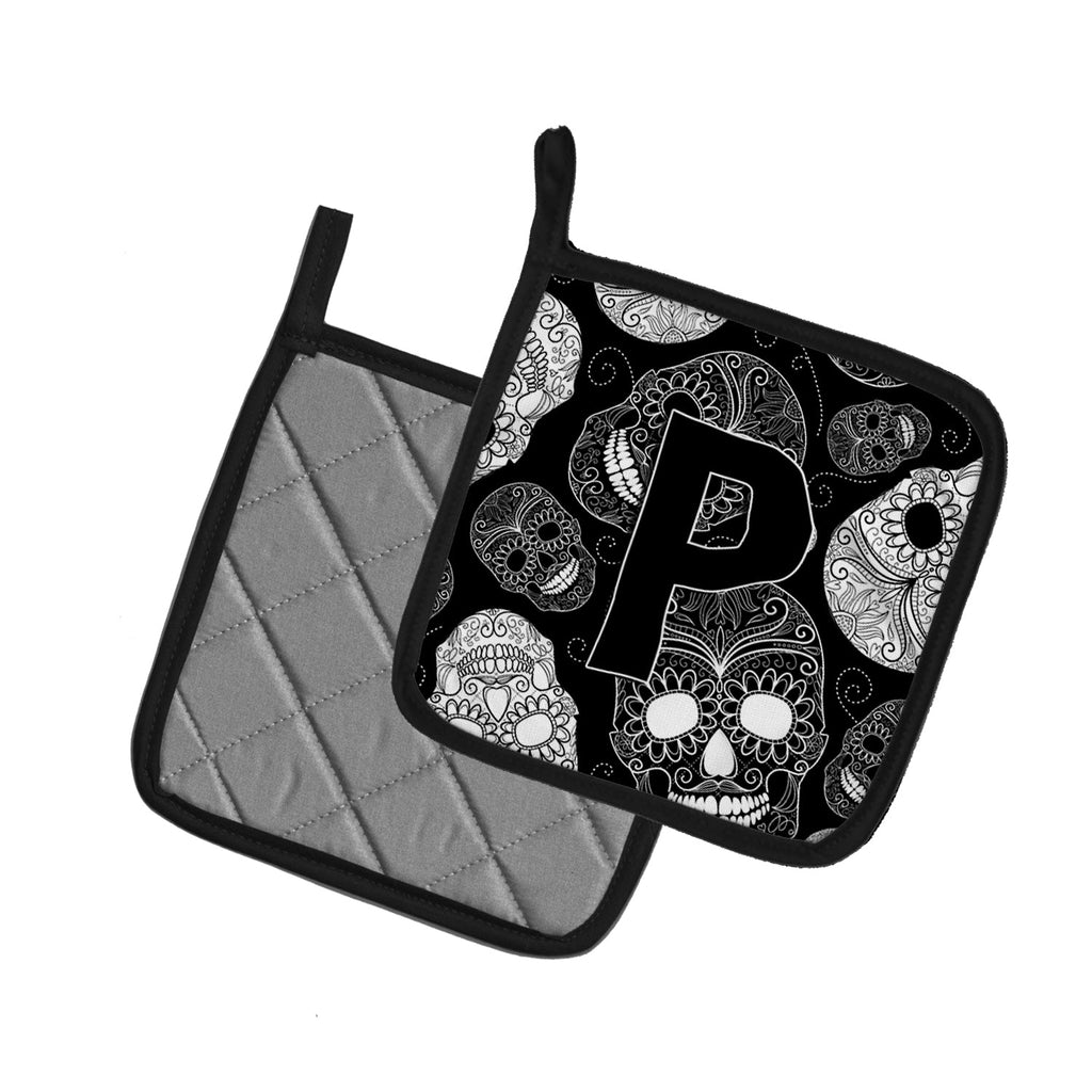 Letter P Day of the Dead Skulls Black Pot Holder Set of 2 Heat Resistant Quilted Hot Pads 7.5 x 7.5 Inch, Insulated Kitchen Trivets for Cooking & Baking