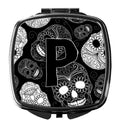 Letter P Day of the Dead Skulls Black Compact Mirror Decorative Travel Makeup Mirror for Women Girls Gifts Pocket Makeup Mirror Folding Handheld