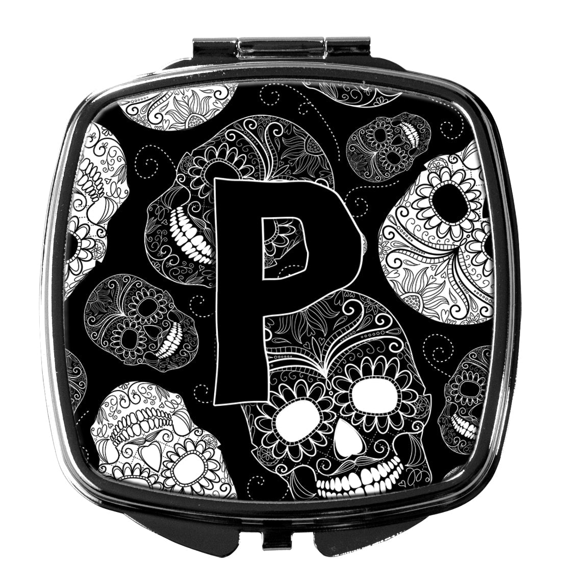 Letter P Day of the Dead Skulls Black Compact Mirror Decorative Travel Makeup Mirror for Women Girls Gifts Pocket Makeup Mirror Folding Handheld