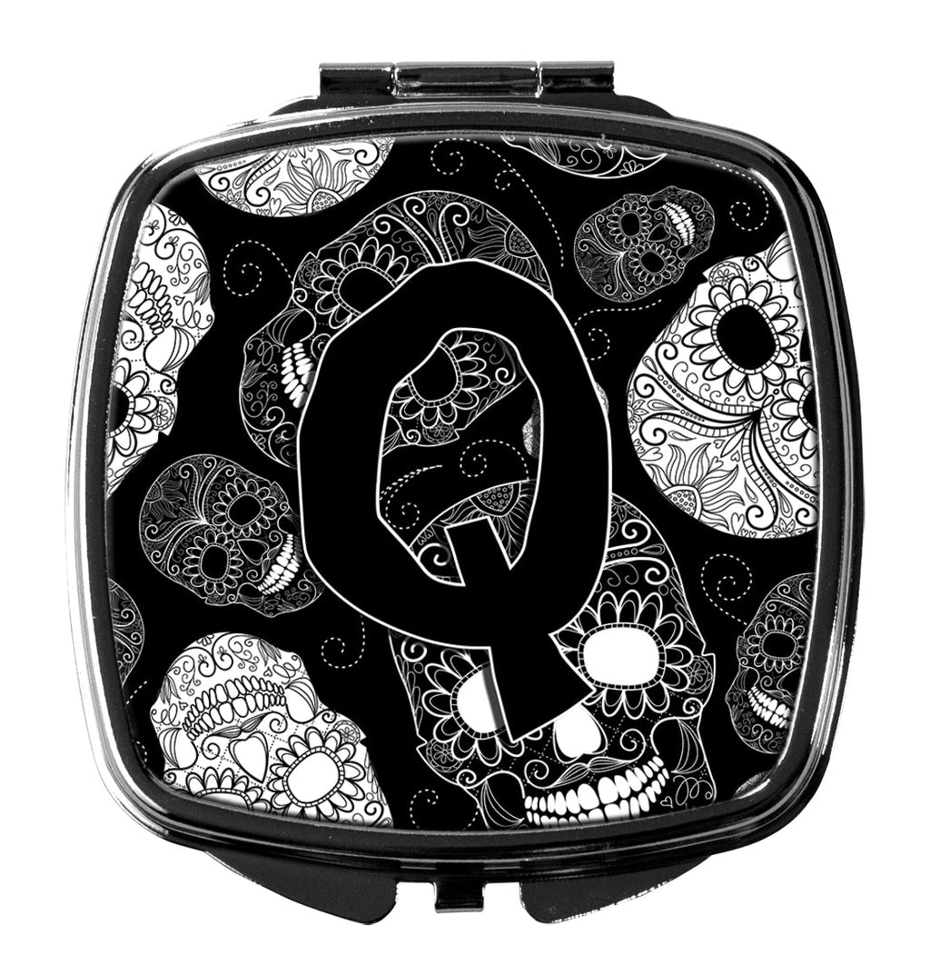 Letter Q Day of the Dead Skulls Black Compact Mirror Decorative Travel Makeup Mirror for Women Girls Gifts Pocket Makeup Mirror Folding Handheld