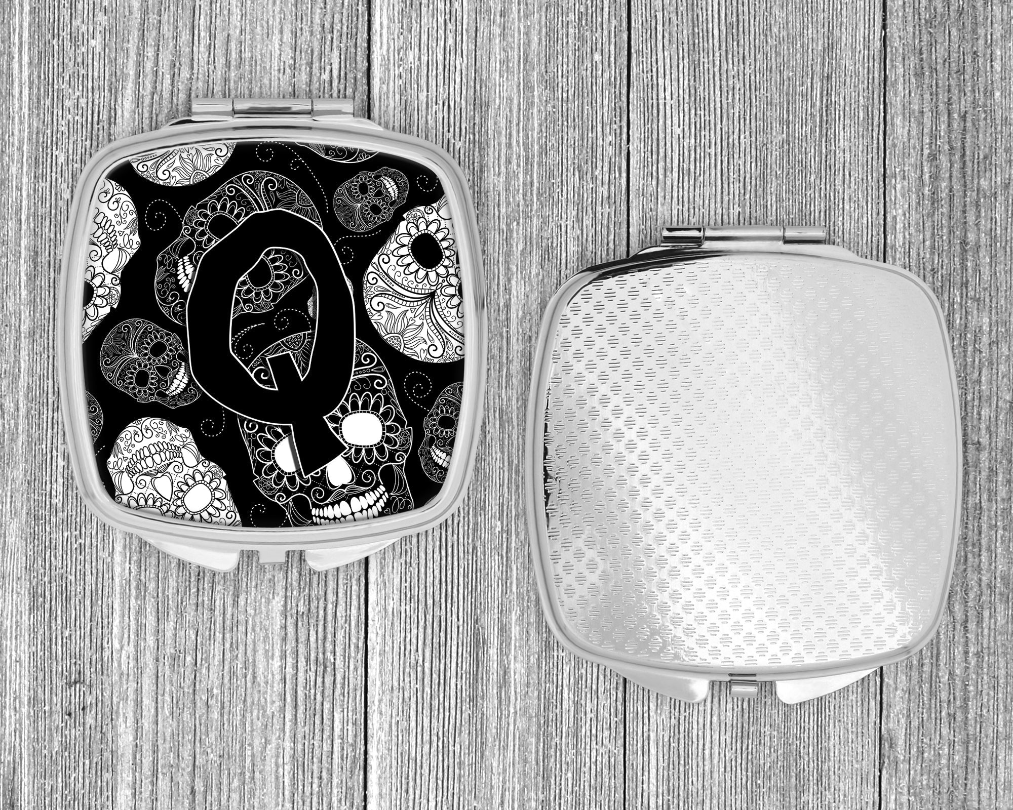 Letter Q Day of the Dead Skulls Black Compact Mirror Decorative Travel Makeup Mirror for Women Girls Gifts Pocket Makeup Mirror Folding Handheld