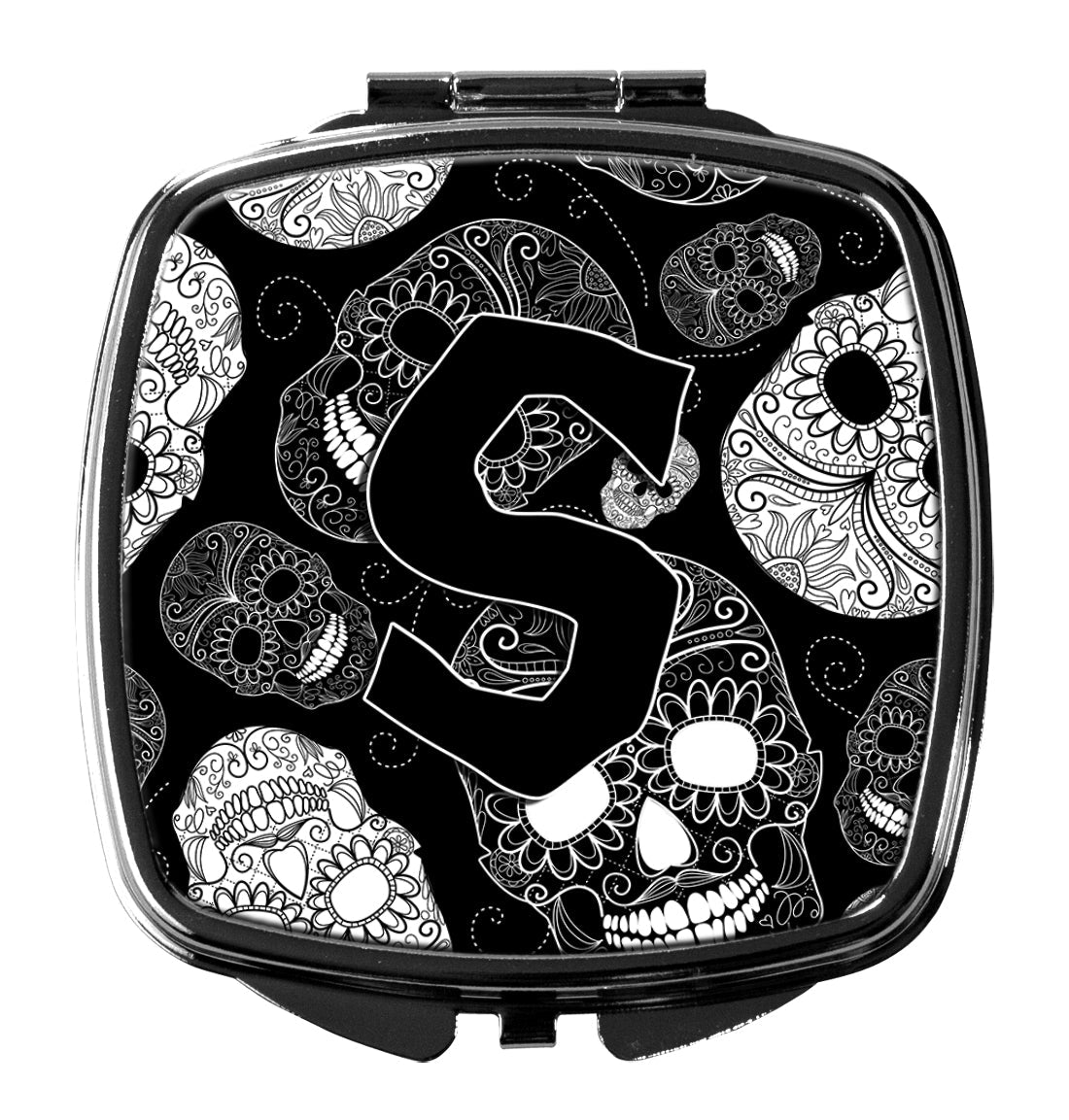 Letter S Day of the Dead Skulls Black Compact Mirror Decorative Travel Makeup Mirror for Women Girls Gifts Pocket Makeup Mirror Folding Handheld