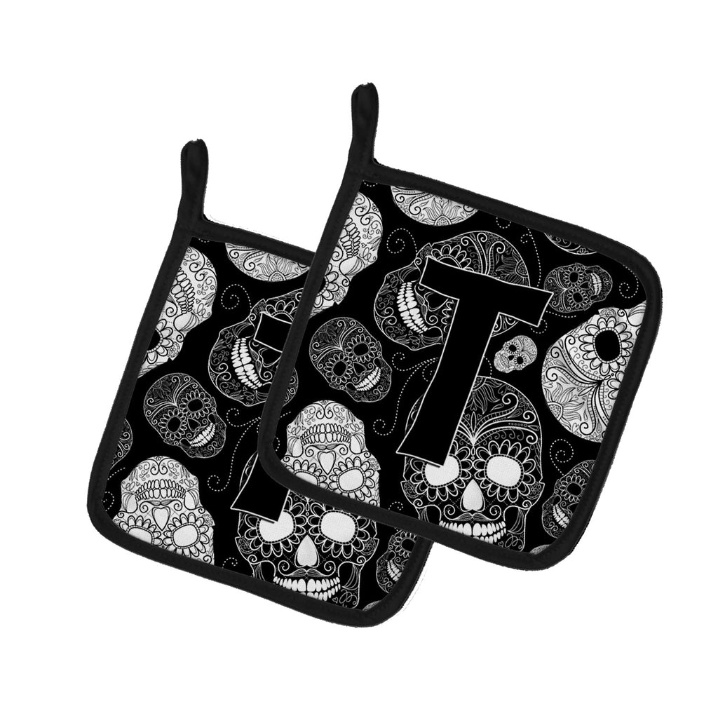Letter T Day of the Dead Skulls Black Pot Holder Set of 2 Heat Resistant Quilted Hot Pads 7.5 x 7.5 Inch, Insulated Kitchen Trivets for Cooking & Baking