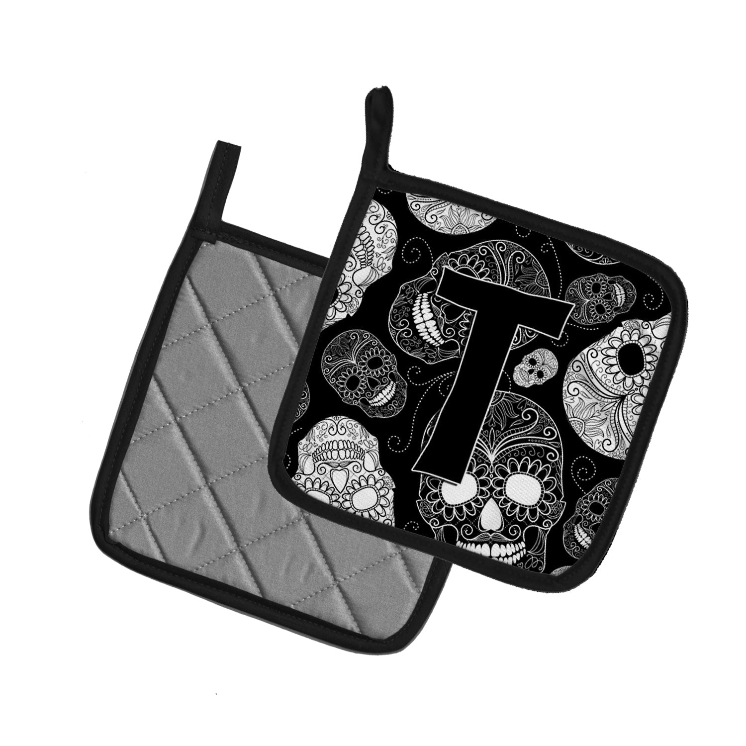 Letter T Day of the Dead Skulls Black Pot Holder Set of 2 Heat Resistant Quilted Hot Pads 7.5 x 7.5 Inch, Insulated Kitchen Trivets for Cooking & Baking