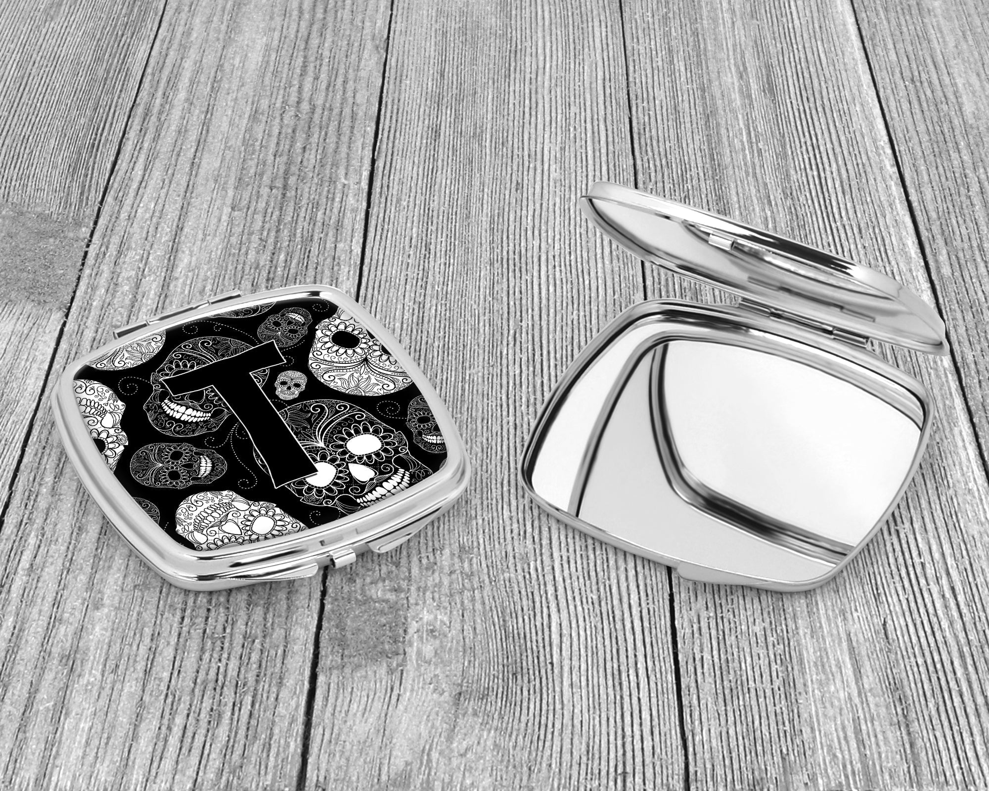 Letter T Day of the Dead Skulls Black Compact Mirror Decorative Travel Makeup Mirror for Women Girls Gifts Pocket Makeup Mirror Folding Handheld