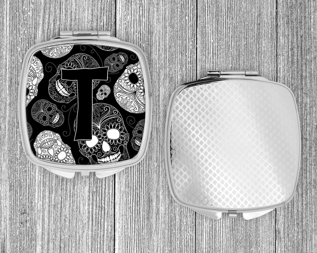 Letter T Day of the Dead Skulls Black Compact Mirror Decorative Travel Makeup Mirror for Women Girls Gifts Pocket Makeup Mirror Folding Handheld