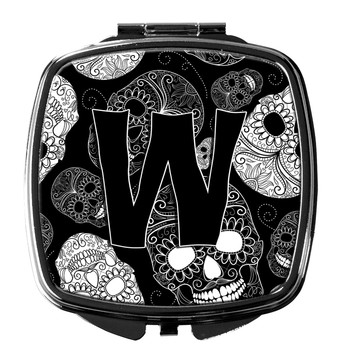 Letter W Day of the Dead Skulls Black Compact Mirror Decorative Travel Makeup Mirror for Women Girls Gifts Pocket Makeup Mirror Folding Handheld