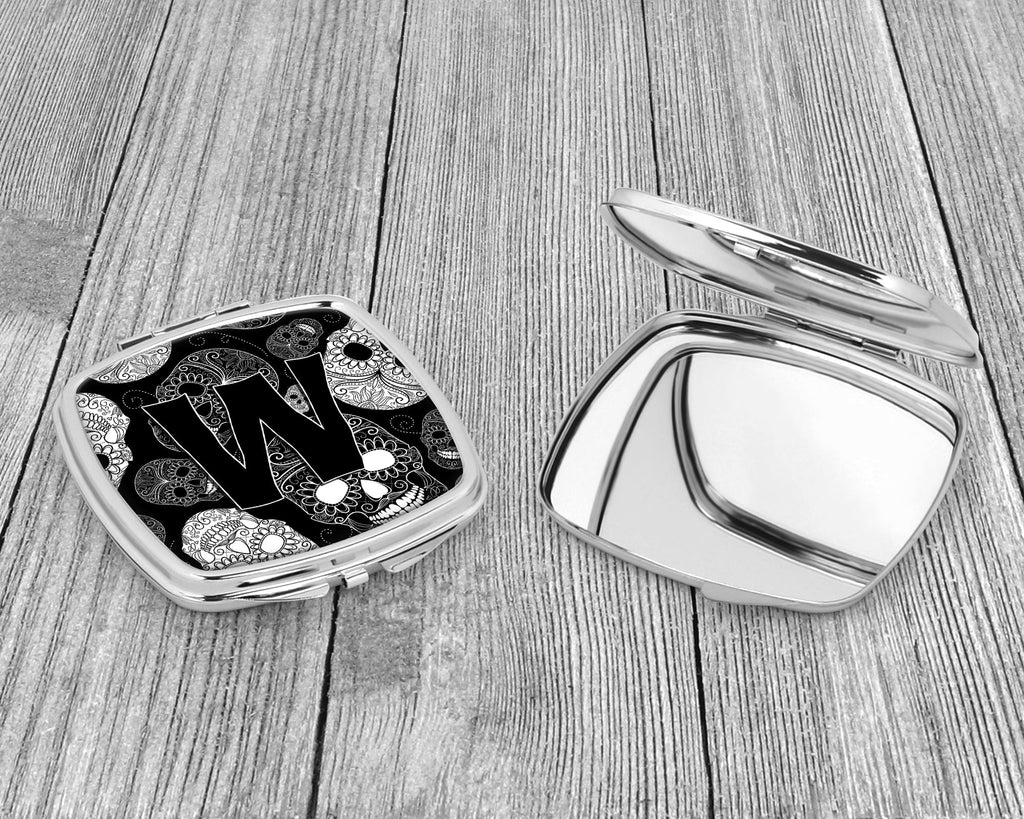 Letter W Day of the Dead Skulls Black Compact Mirror Decorative Travel Makeup Mirror for Women Girls Gifts Pocket Makeup Mirror Folding Handheld