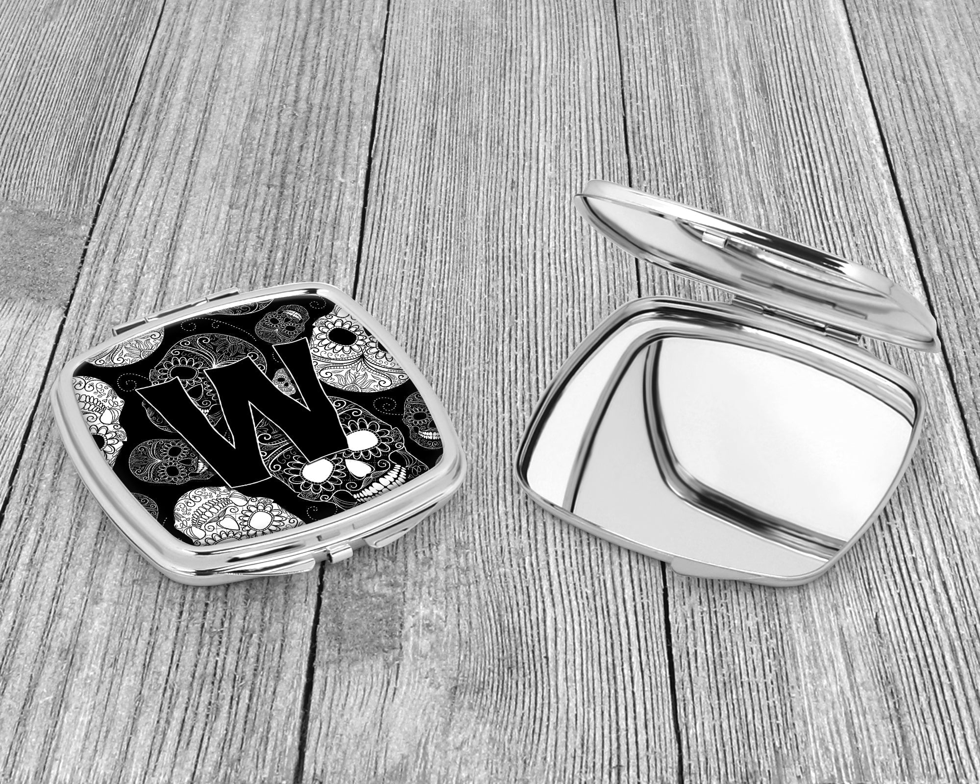 Letter W Day of the Dead Skulls Black Compact Mirror Decorative Travel Makeup Mirror for Women Girls Gifts Pocket Makeup Mirror Folding Handheld