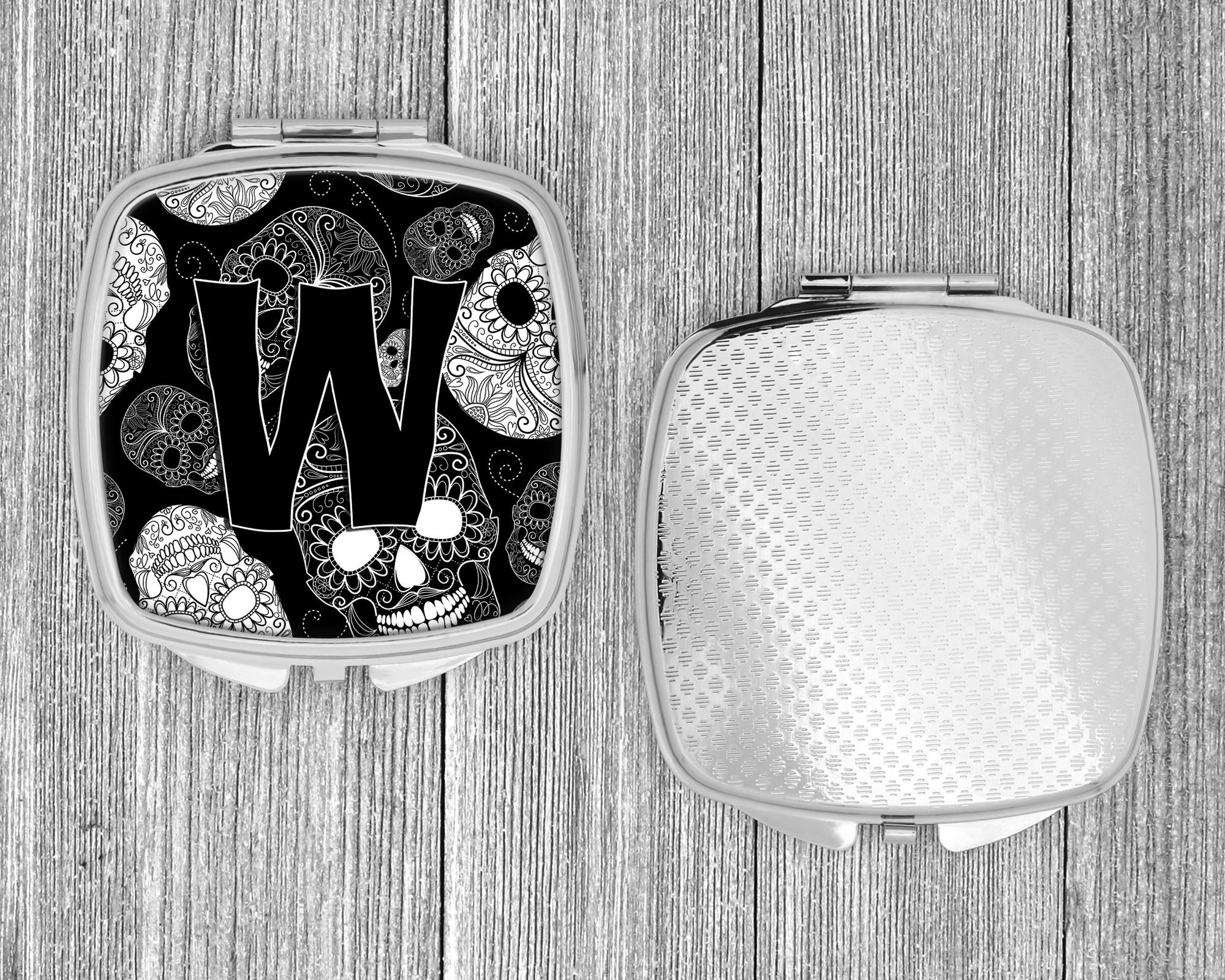 Letter W Day of the Dead Skulls Black Compact Mirror Decorative Travel Makeup Mirror for Women Girls Gifts Pocket Makeup Mirror Folding Handheld