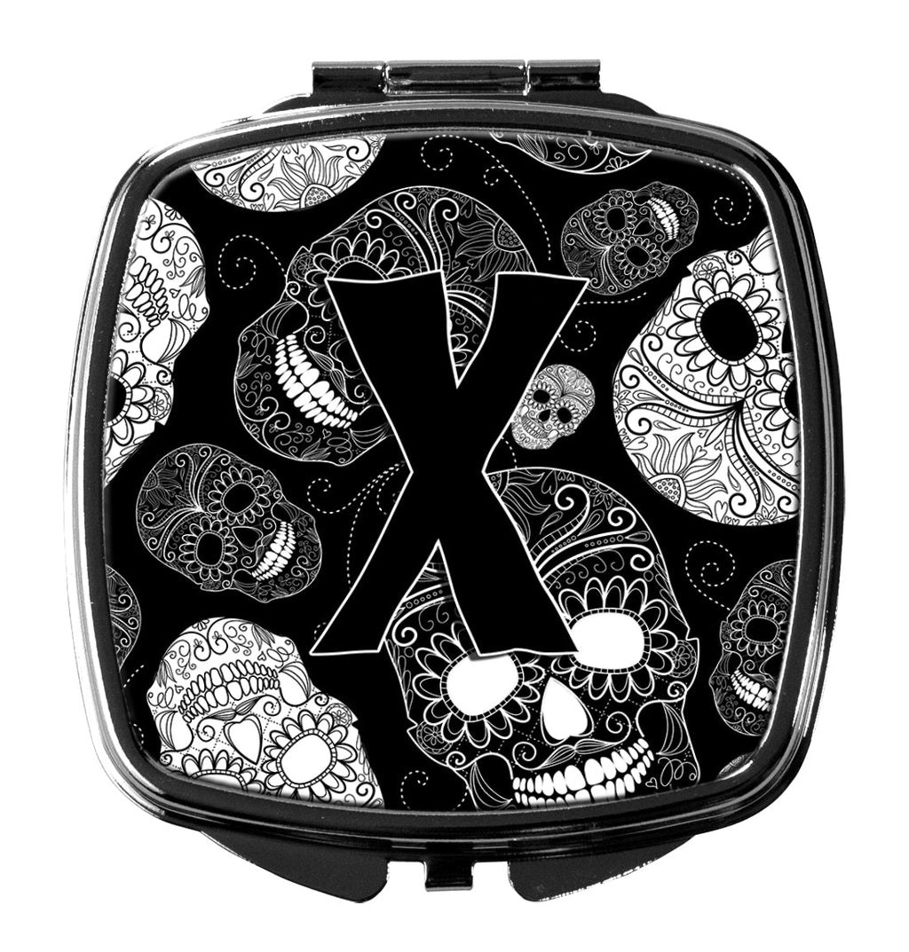 Letter X Day of the Dead Skulls Black Compact Mirror Decorative Travel Makeup Mirror for Women Girls Gifts Pocket Makeup Mirror Folding Handheld