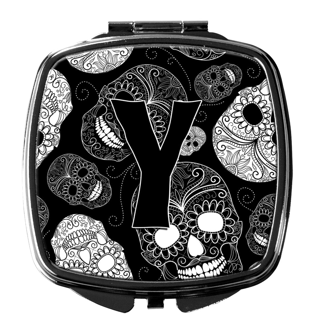 Letter Y Day of the Dead Skulls Black Compact Mirror Decorative Travel Makeup Mirror for Women Girls Gifts Pocket Makeup Mirror Folding Handheld