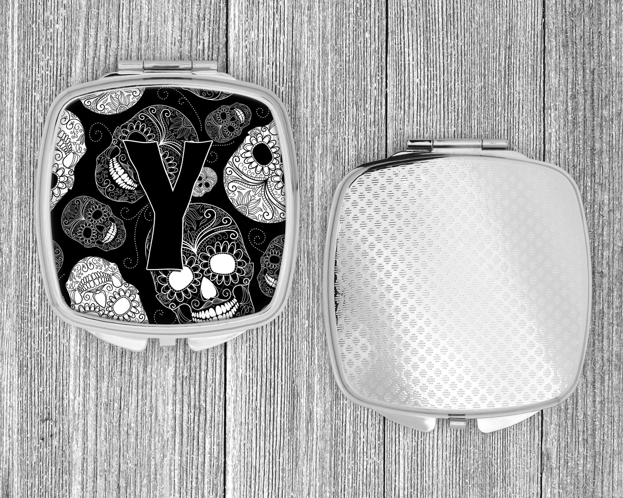 Letter Y Day of the Dead Skulls Black Compact Mirror Decorative Travel Makeup Mirror for Women Girls Gifts Pocket Makeup Mirror Folding Handheld