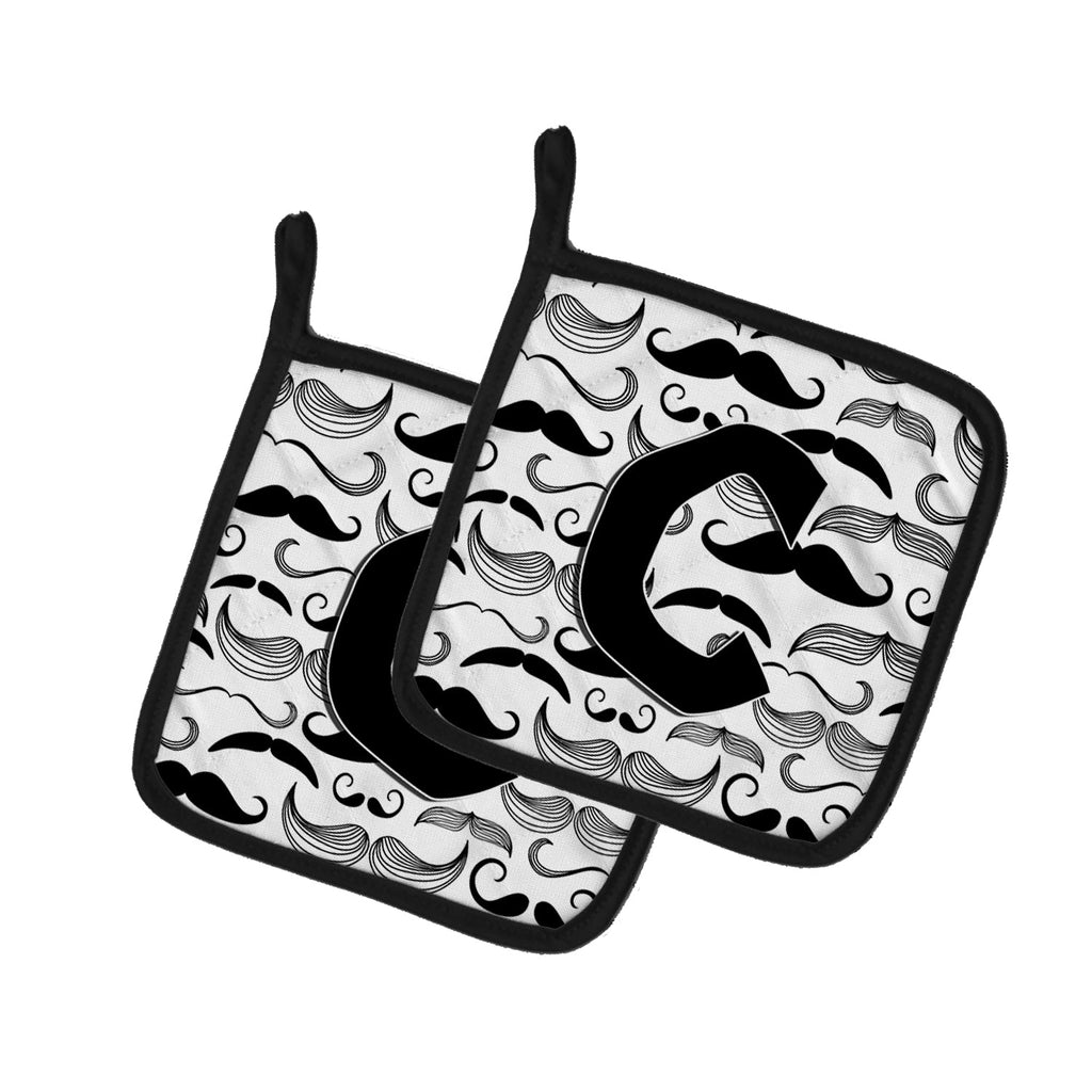 Letter C Moustache Initial Pot Holder Set of 2 Heat Resistant Quilted Hot Pads 7.5 x 7.5 Inch, Insulated Kitchen Trivets for Cooking & Baking