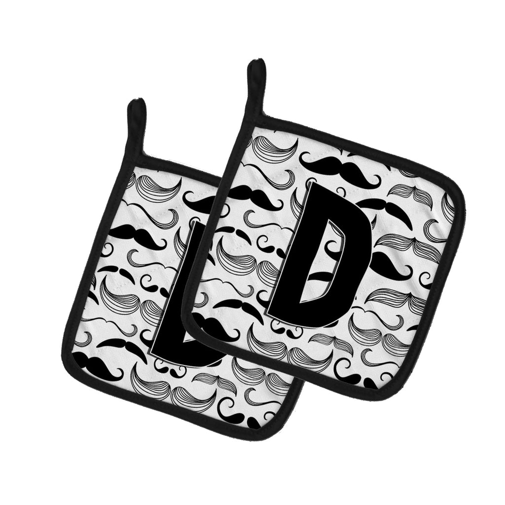 Letter D Moustache Initial Pot Holder Set of 2 Heat Resistant Quilted Hot Pads 7.5 x 7.5 Inch, Insulated Kitchen Trivets for Cooking & Baking
