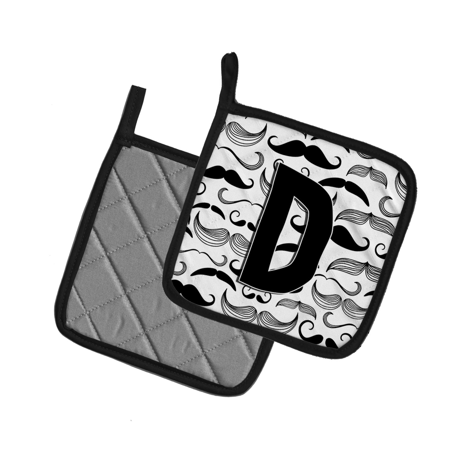 Letter D Moustache Initial Pot Holder Set of 2 Heat Resistant Quilted Hot Pads 7.5 x 7.5 Inch, Insulated Kitchen Trivets for Cooking & Baking