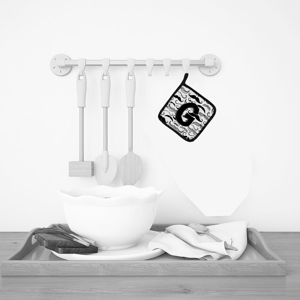 Letter G Moustache Initial Pot Holder Set of 2 Heat Resistant Quilted Hot Pads 7.5 x 7.5 Inch, Insulated Kitchen Trivets for Cooking & Baking