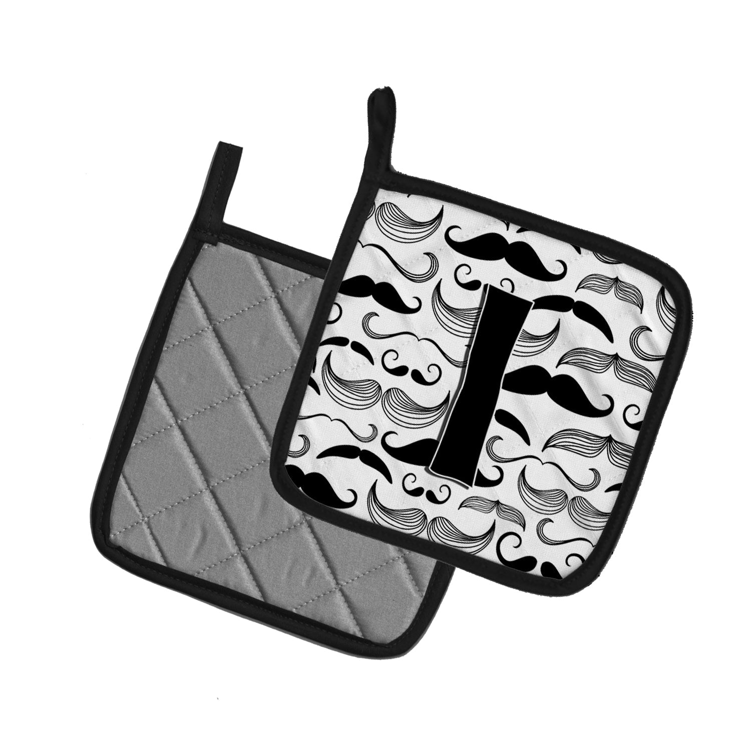 Letter I Moustache Initial Pot Holder Set of 2 Heat Resistant Quilted Hot Pads 7.5 x 7.5 Inch, Insulated Kitchen Trivets for Cooking & Baking
