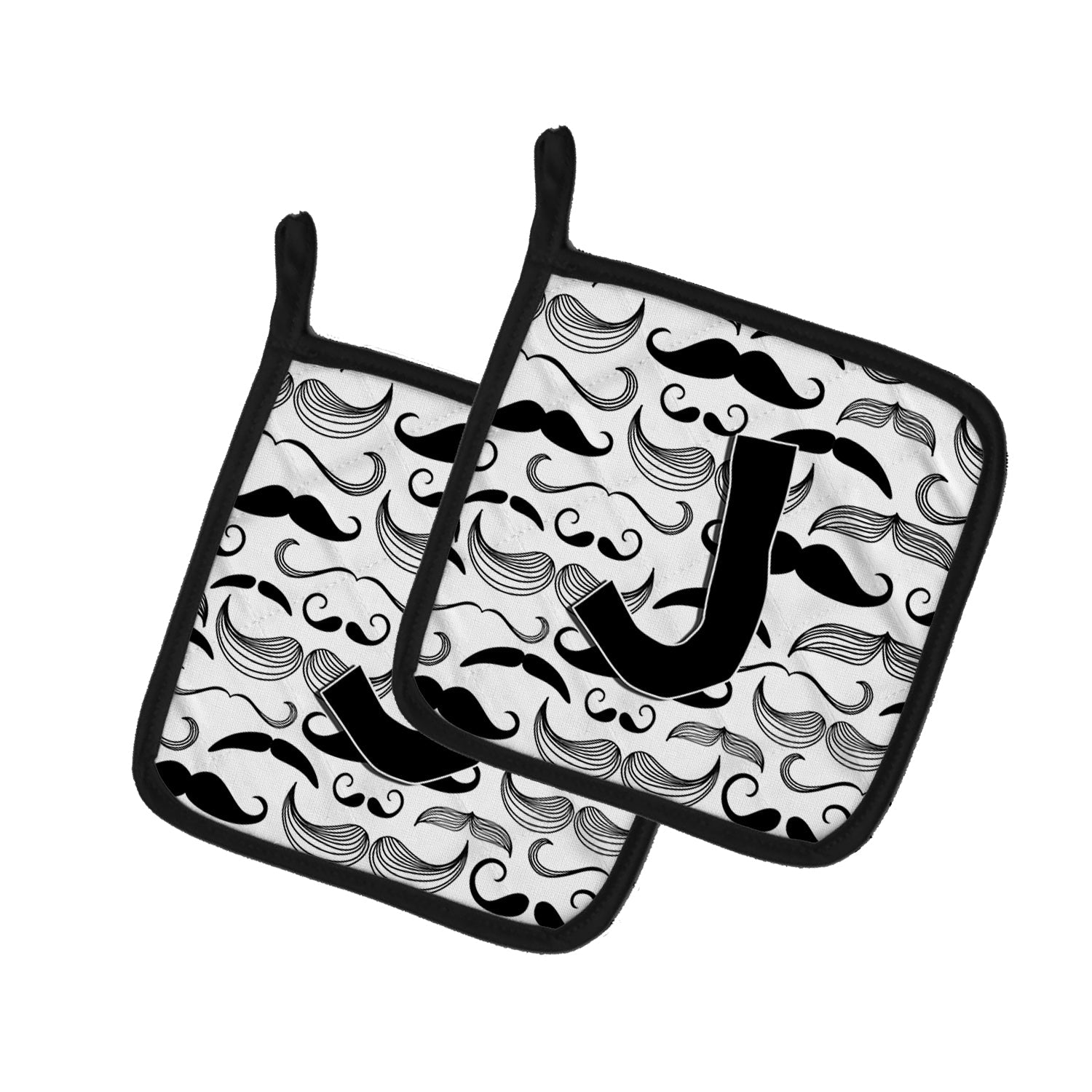 Letter J Moustache Initial Pot Holder Set of 2 Heat Resistant Quilted Hot Pads 7.5 x 7.5 Inch, Insulated Kitchen Trivets for Cooking & Baking