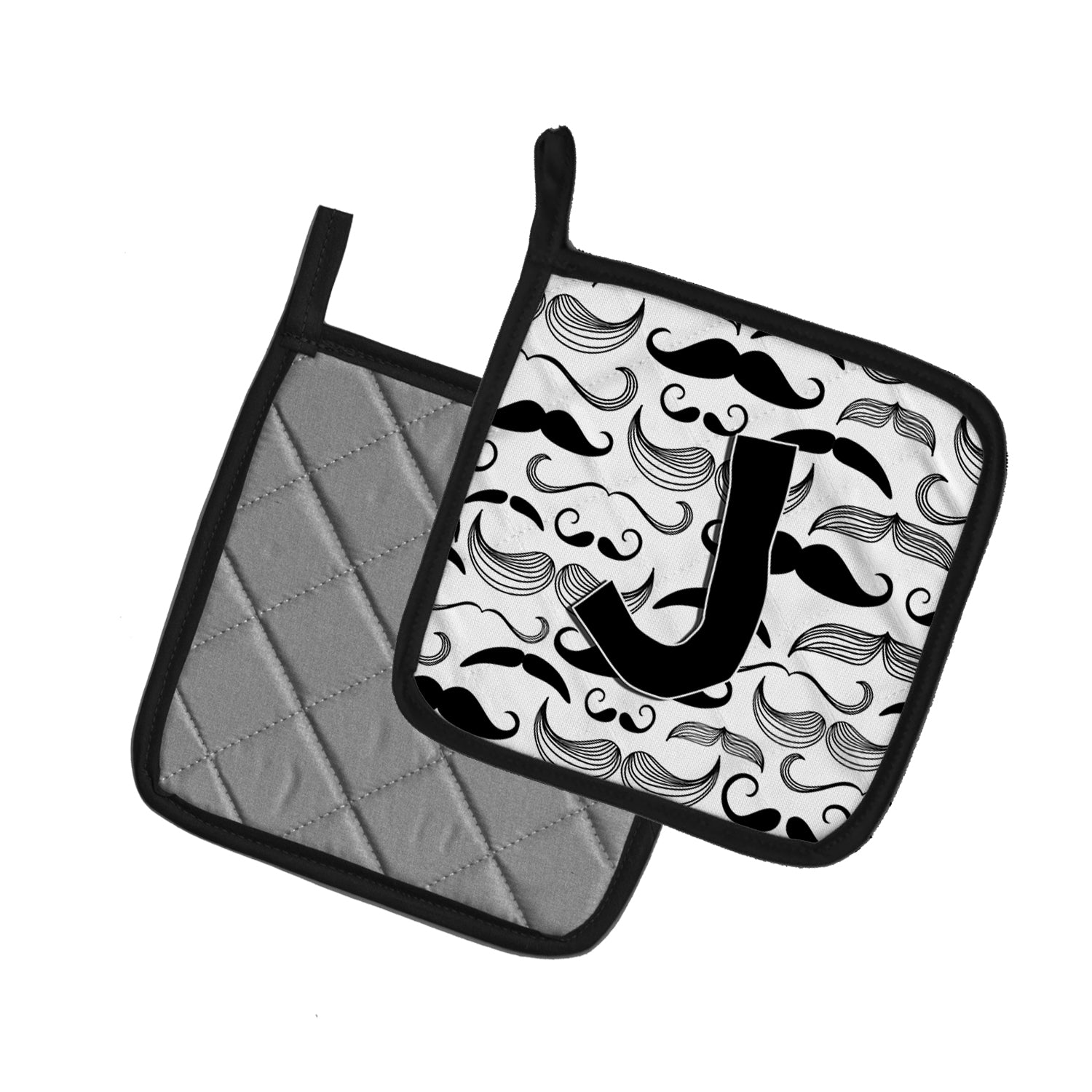 Letter J Moustache Initial Pot Holder Set of 2 Heat Resistant Quilted Hot Pads 7.5 x 7.5 Inch, Insulated Kitchen Trivets for Cooking & Baking