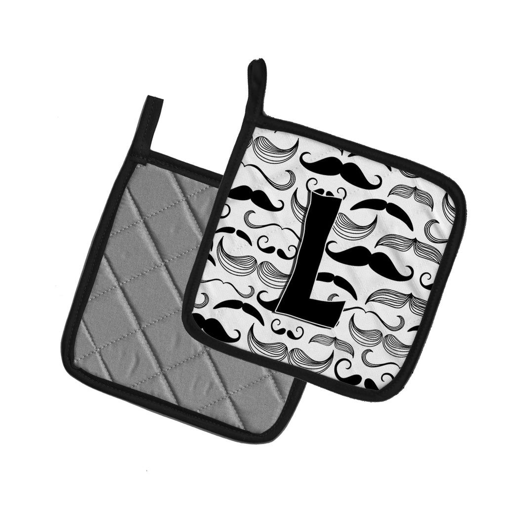 Letter L Moustache Initial Pot Holder Set of 2 Heat Resistant Quilted Hot Pads 7.5 x 7.5 Inch, Insulated Kitchen Trivets for Cooking & Baking