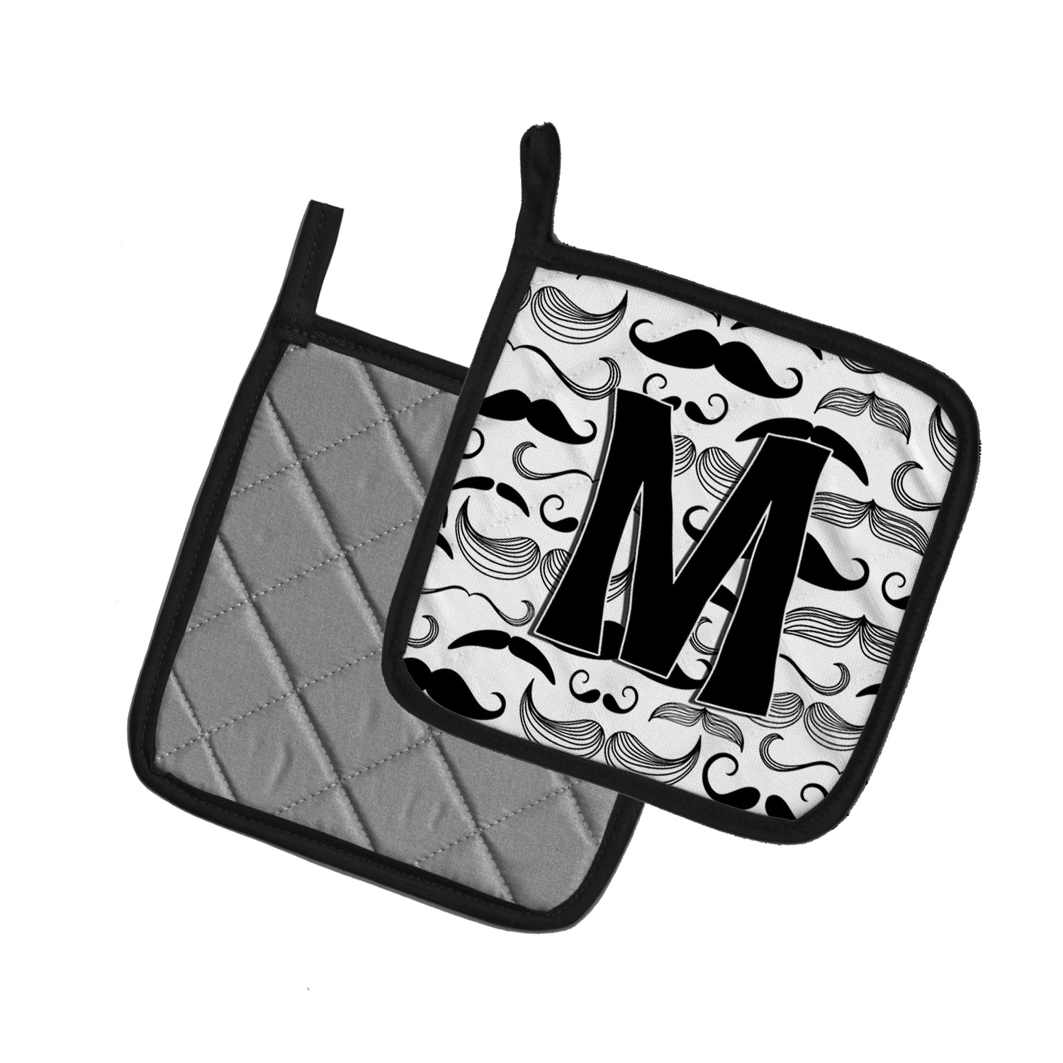 Letter M Moustache Initial Pot Holder Set of 2 Heat Resistant Quilted Hot Pads 7.5 x 7.5 Inch, Insulated Kitchen Trivets for Cooking & Baking