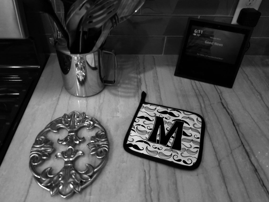 Letter M Moustache Initial Pot Holder Set of 2 Heat Resistant Quilted Hot Pads 7.5 x 7.5 Inch, Insulated Kitchen Trivets for Cooking & Baking