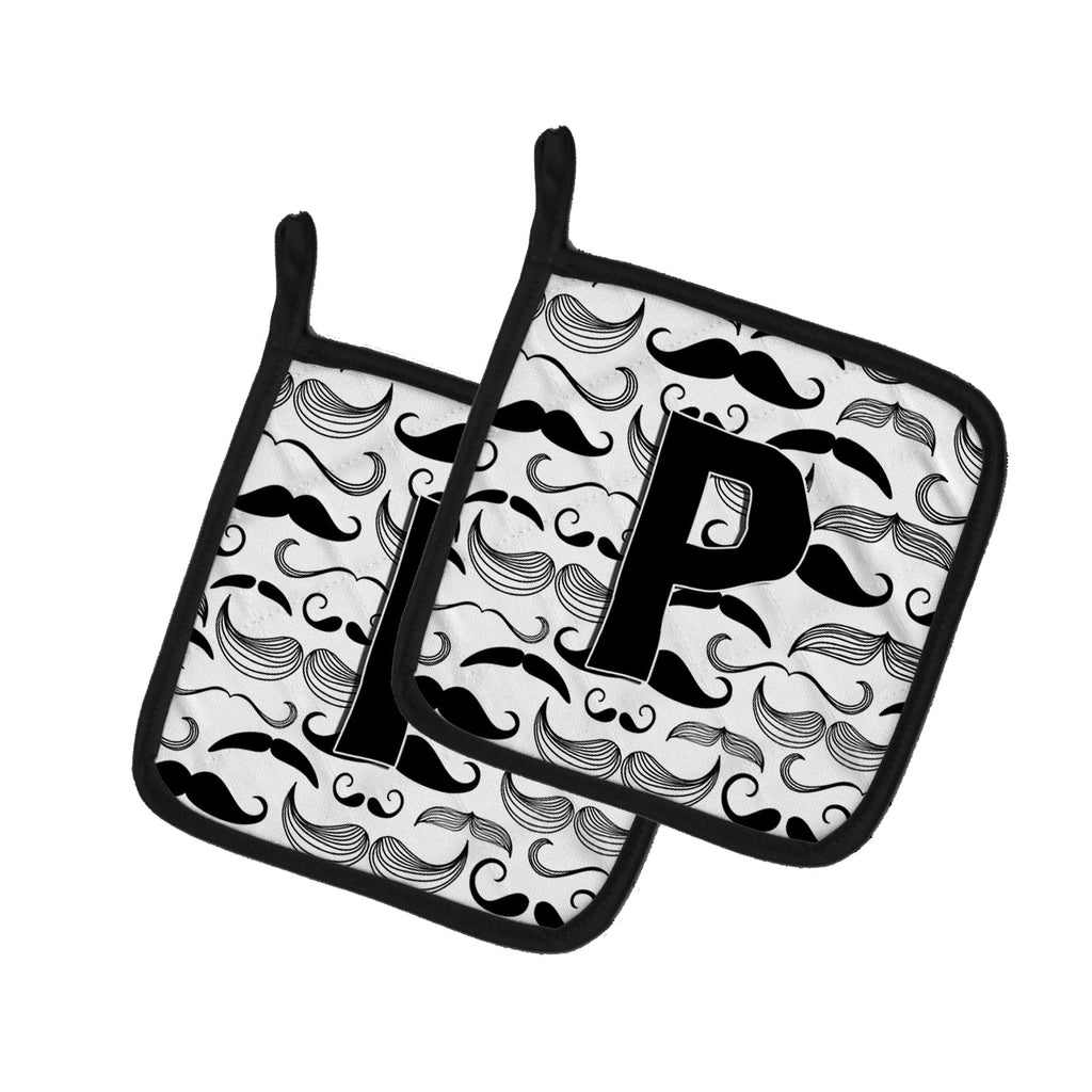 Letter P Moustache Initial Pot Holder Set of 2 Heat Resistant Quilted Hot Pads 7.5 x 7.5 Inch, Insulated Kitchen Trivets for Cooking & Baking