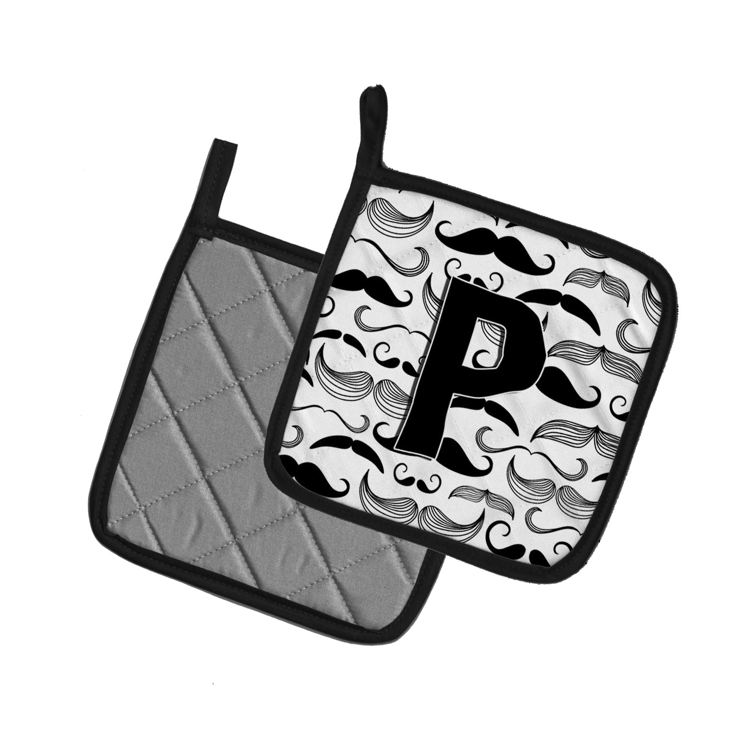 Letter P Moustache Initial Pot Holder Set of 2 Heat Resistant Quilted Hot Pads 7.5 x 7.5 Inch, Insulated Kitchen Trivets for Cooking & Baking