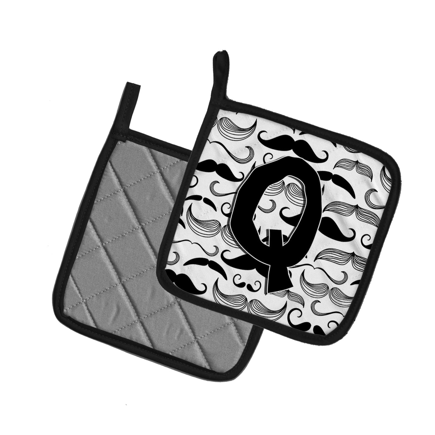 Letter Q Moustache Initial Pot Holder Set of 2 Heat Resistant Quilted Hot Pads 7.5 x 7.5 Inch, Insulated Kitchen Trivets for Cooking & Baking