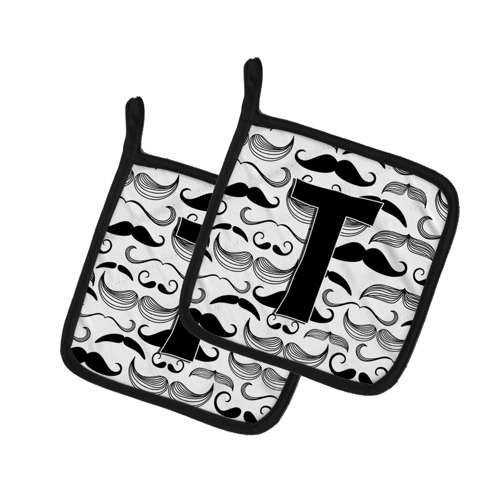 Letter T Moustache Initial Pot Holder Set of 2 Heat Resistant Quilted Hot Pads 7.5 x 7.5 Inch, Insulated Kitchen Trivets for Cooking & Baking