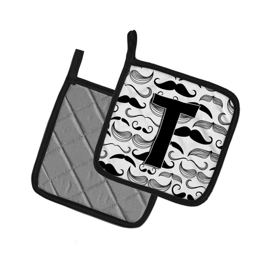 Letter T Moustache Initial Pot Holder Set of 2 Heat Resistant Quilted Hot Pads 7.5 x 7.5 Inch, Insulated Kitchen Trivets for Cooking & Baking