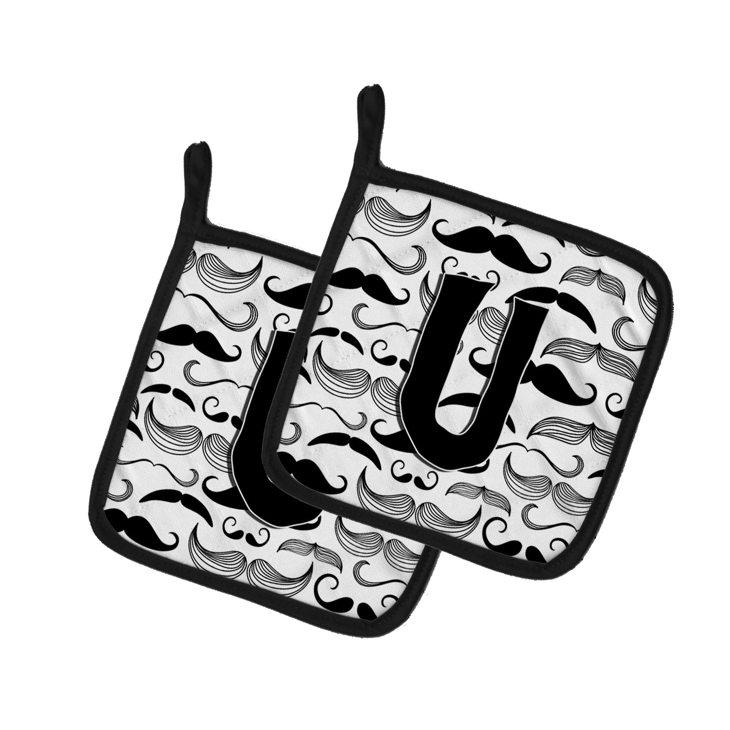 Letter U Moustache Initial Pot Holder Set of 2 Heat Resistant Quilted Hot Pads 7.5 x 7.5 Inch, Insulated Kitchen Trivets for Cooking & Baking