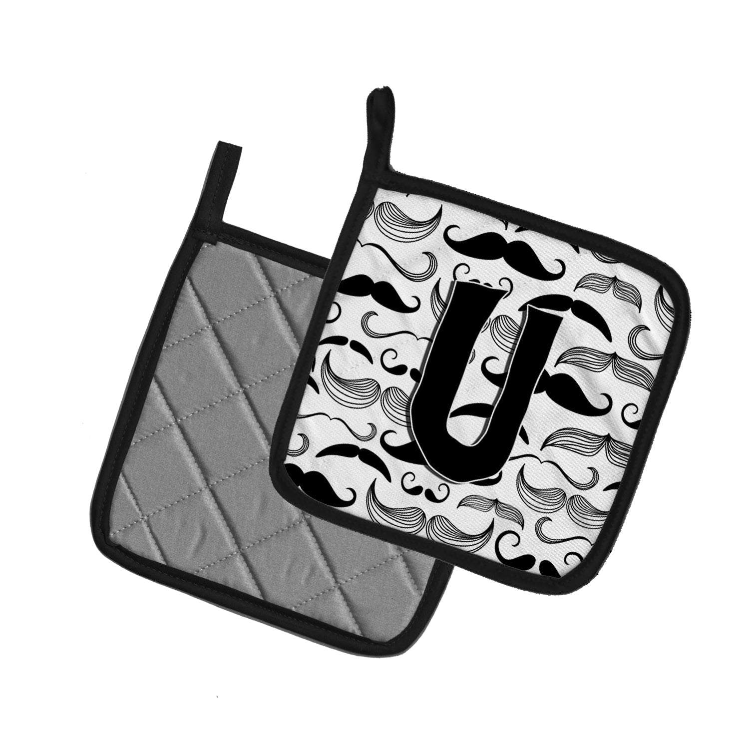 Letter U Moustache Initial Pot Holder Set of 2 Heat Resistant Quilted Hot Pads 7.5 x 7.5 Inch, Insulated Kitchen Trivets for Cooking & Baking