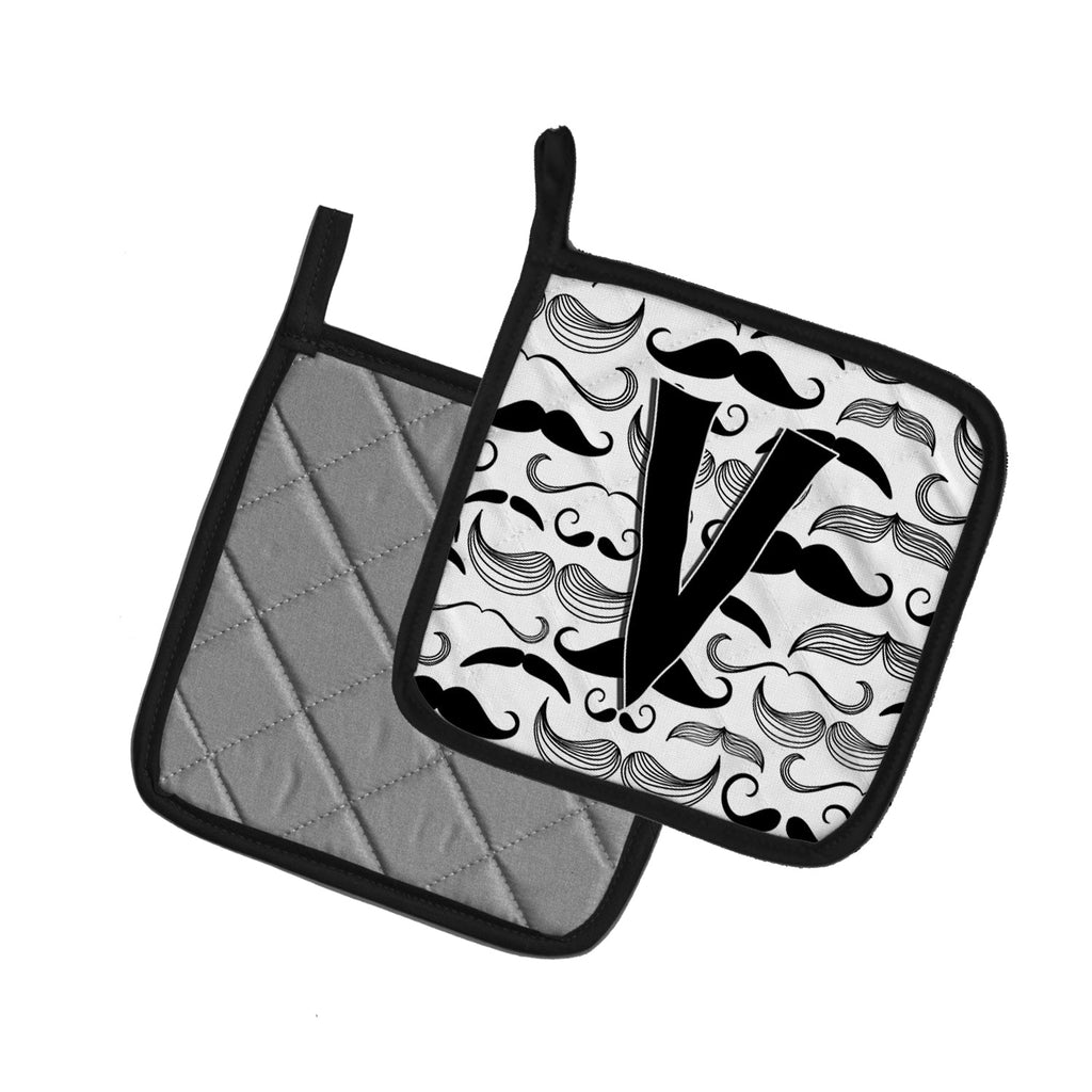 Letter V Moustache Initial Pot Holder Set of 2 Heat Resistant Quilted Hot Pads 7.5 x 7.5 Inch, Insulated Kitchen Trivets for Cooking & Baking