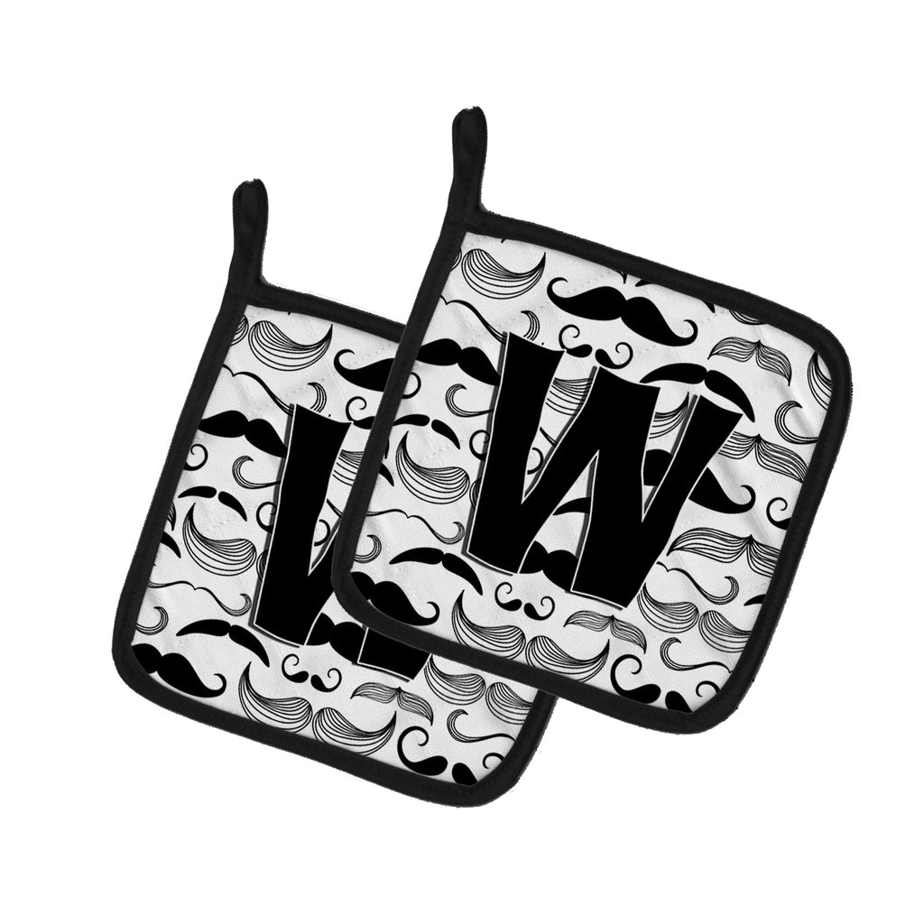 Letter W Moustache Initial Pot Holder Set of 2 Heat Resistant Quilted Hot Pads 7.5 x 7.5 Inch, Insulated Kitchen Trivets for Cooking & Baking