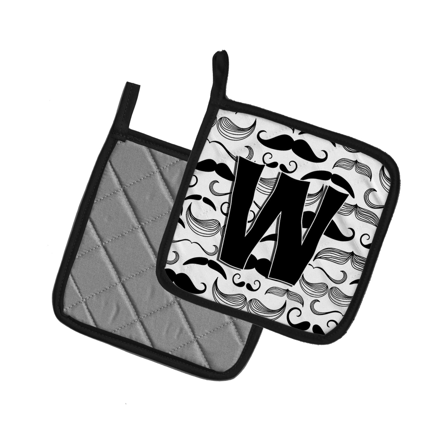 Letter W Moustache Initial Pot Holder Set of 2 Heat Resistant Quilted Hot Pads 7.5 x 7.5 Inch, Insulated Kitchen Trivets for Cooking & Baking